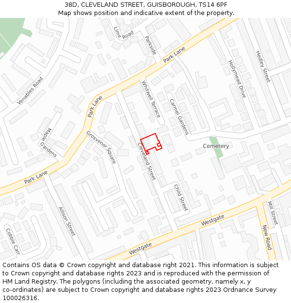38D, CLEVELAND STREET, GUISBOROUGH, TS14 6PF: Location map and indicative extent of plot