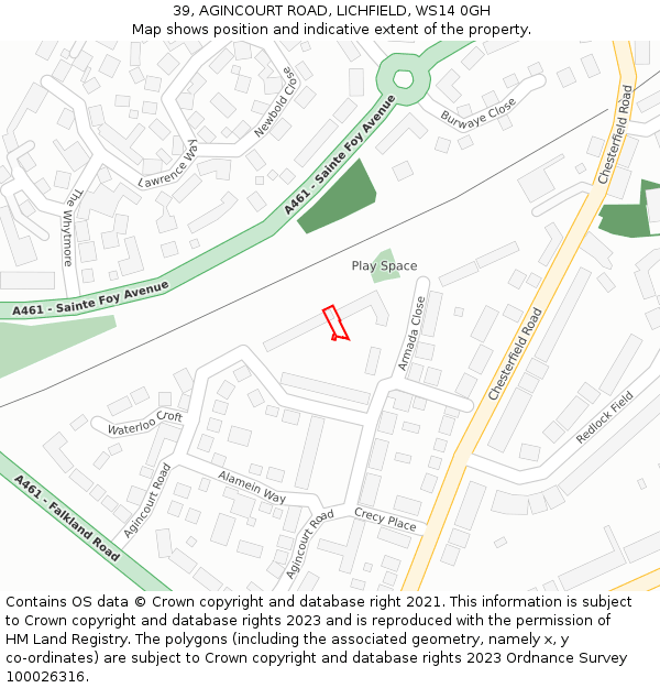 39, AGINCOURT ROAD, LICHFIELD, WS14 0GH: Location map and indicative extent of plot