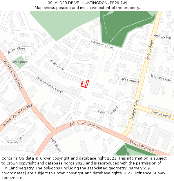 39, ALDER DRIVE, HUNTINGDON, PE29 7WJ: Location map and indicative extent of plot