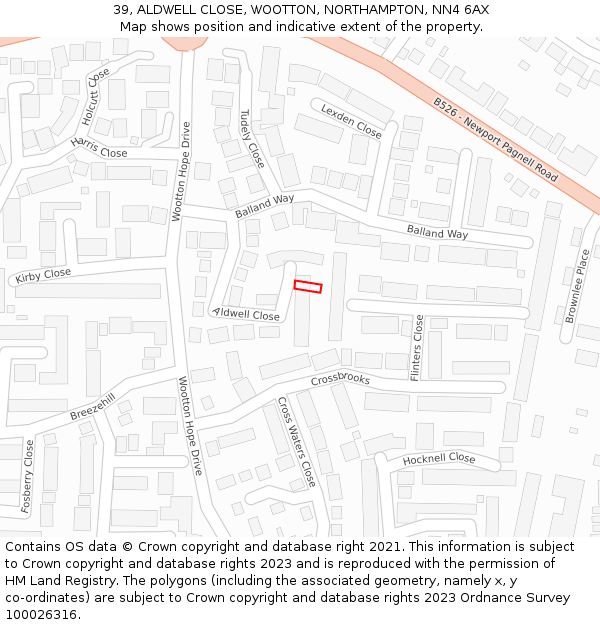 39, ALDWELL CLOSE, WOOTTON, NORTHAMPTON, NN4 6AX: Location map and indicative extent of plot