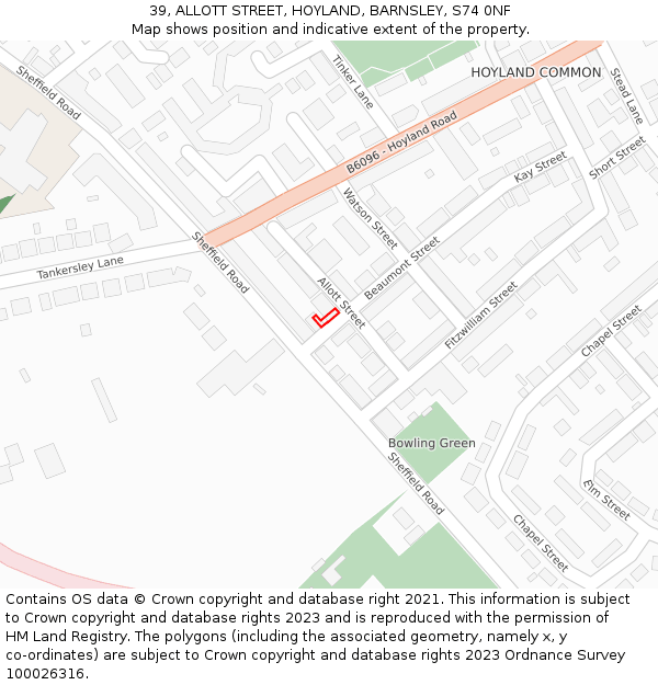 39, ALLOTT STREET, HOYLAND, BARNSLEY, S74 0NF: Location map and indicative extent of plot
