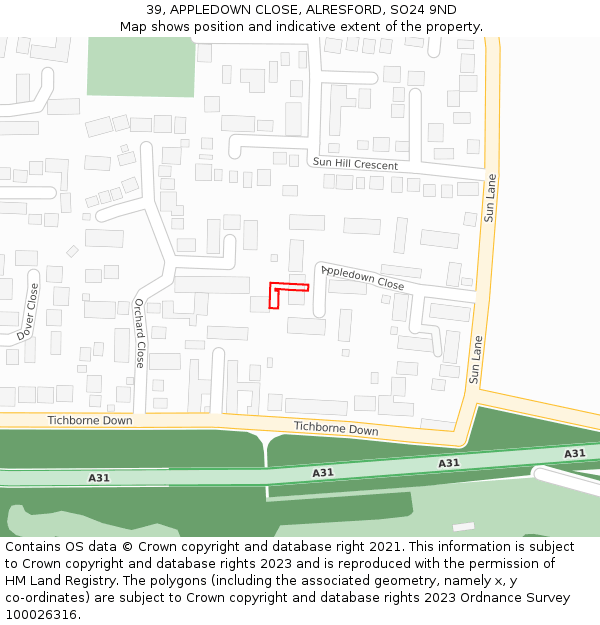 39, APPLEDOWN CLOSE, ALRESFORD, SO24 9ND: Location map and indicative extent of plot