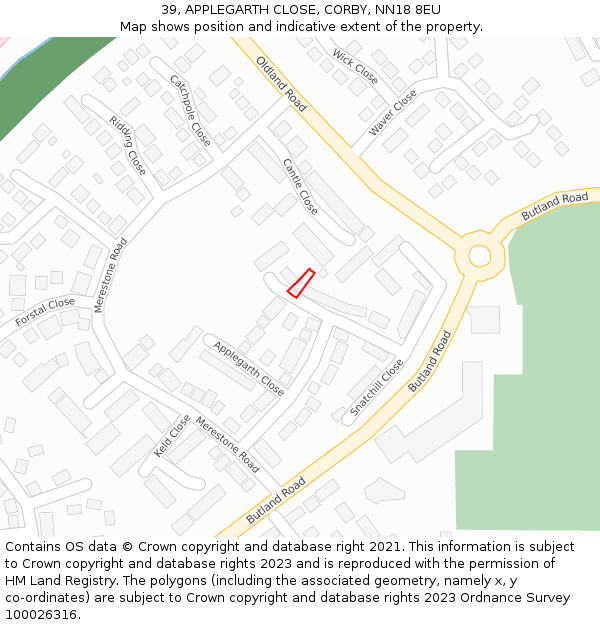 39, APPLEGARTH CLOSE, CORBY, NN18 8EU: Location map and indicative extent of plot
