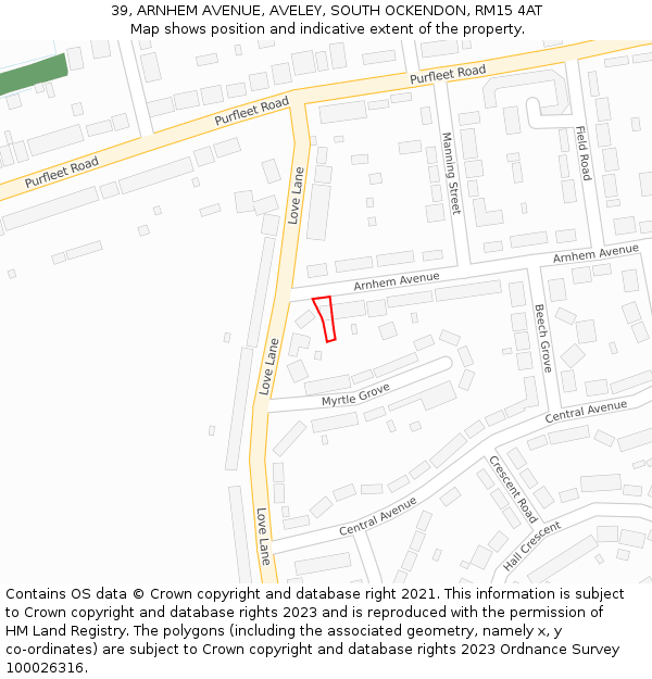39, ARNHEM AVENUE, AVELEY, SOUTH OCKENDON, RM15 4AT: Location map and indicative extent of plot