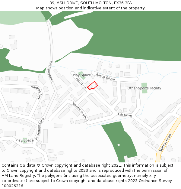 39, ASH DRIVE, SOUTH MOLTON, EX36 3FA: Location map and indicative extent of plot
