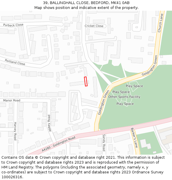 39, BALLINGHALL CLOSE, BEDFORD, MK41 0AB: Location map and indicative extent of plot