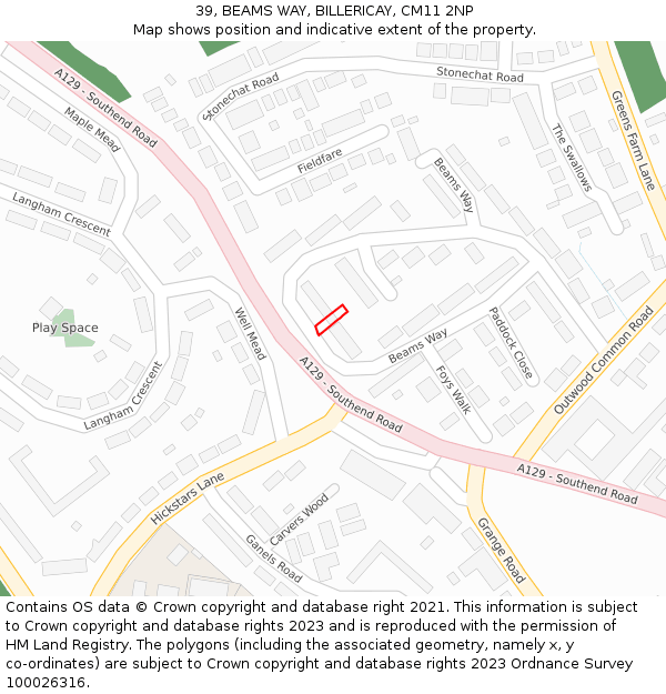 39, BEAMS WAY, BILLERICAY, CM11 2NP: Location map and indicative extent of plot