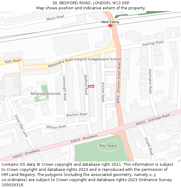 39, BEDFORD ROAD, LONDON, W13 0SP: Location map and indicative extent of plot