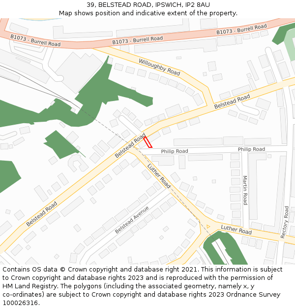 39, BELSTEAD ROAD, IPSWICH, IP2 8AU: Location map and indicative extent of plot