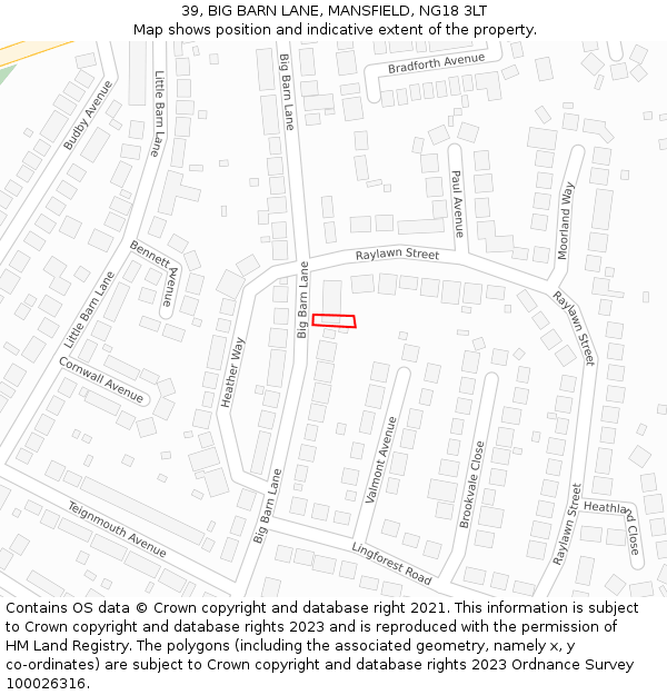 39, BIG BARN LANE, MANSFIELD, NG18 3LT: Location map and indicative extent of plot