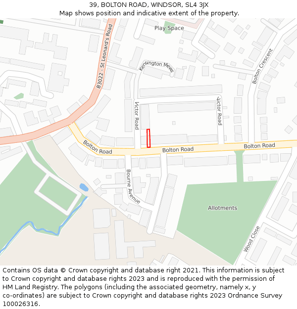 39, BOLTON ROAD, WINDSOR, SL4 3JX: Location map and indicative extent of plot