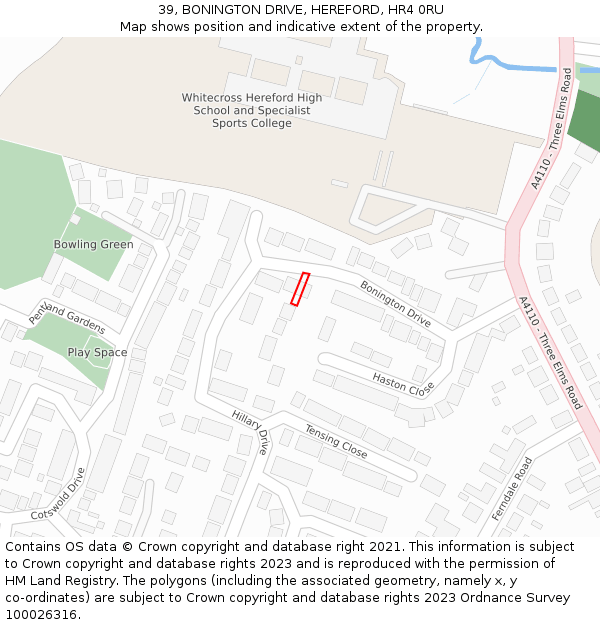 39, BONINGTON DRIVE, HEREFORD, HR4 0RU: Location map and indicative extent of plot
