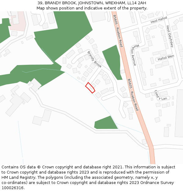 39, BRANDY BROOK, JOHNSTOWN, WREXHAM, LL14 2AH: Location map and indicative extent of plot