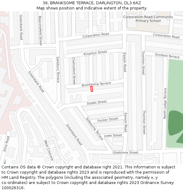 39, BRANKSOME TERRACE, DARLINGTON, DL3 6AZ: Location map and indicative extent of plot