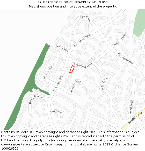 39, BRASENOSE DRIVE, BRACKLEY, NN13 6NT: Location map and indicative extent of plot