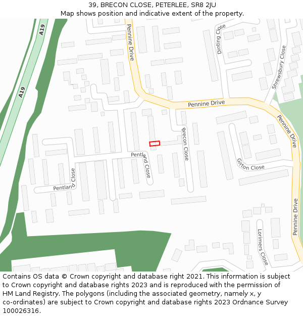 39, BRECON CLOSE, PETERLEE, SR8 2JU: Location map and indicative extent of plot
