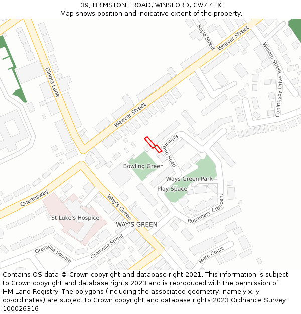 39, BRIMSTONE ROAD, WINSFORD, CW7 4EX: Location map and indicative extent of plot