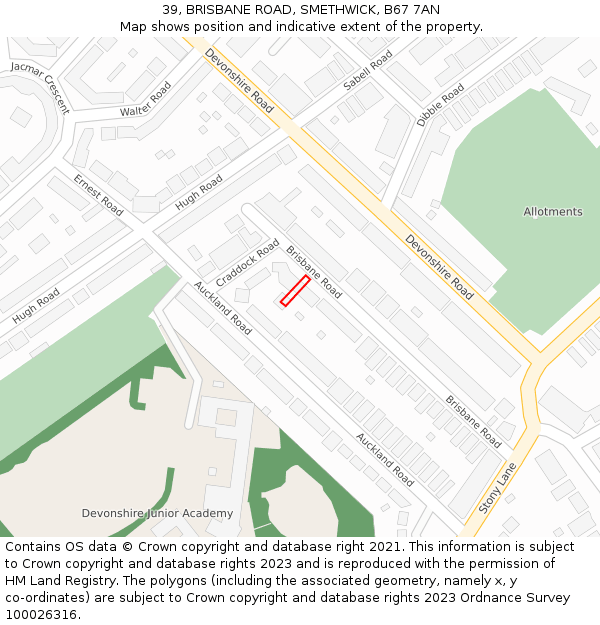 39, BRISBANE ROAD, SMETHWICK, B67 7AN: Location map and indicative extent of plot