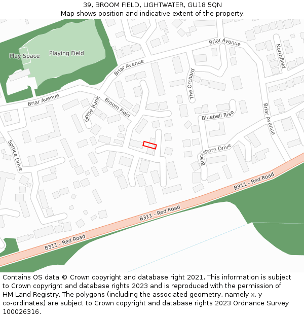 39, BROOM FIELD, LIGHTWATER, GU18 5QN: Location map and indicative extent of plot