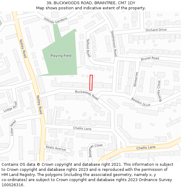 39, BUCKWOODS ROAD, BRAINTREE, CM7 1DY: Location map and indicative extent of plot