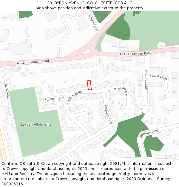 39, BYRON AVENUE, COLCHESTER, CO3 4HG: Location map and indicative extent of plot