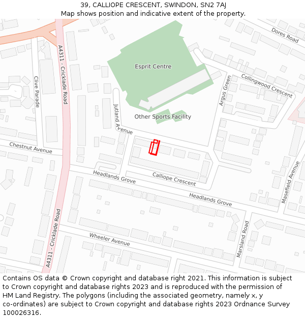 39, CALLIOPE CRESCENT, SWINDON, SN2 7AJ: Location map and indicative extent of plot