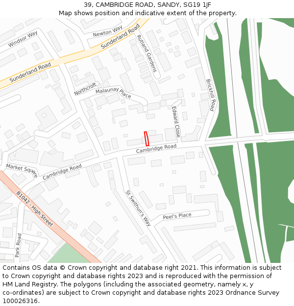 39, CAMBRIDGE ROAD, SANDY, SG19 1JF: Location map and indicative extent of plot