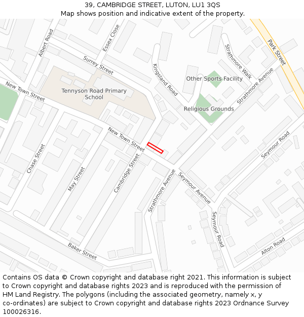 39, CAMBRIDGE STREET, LUTON, LU1 3QS: Location map and indicative extent of plot