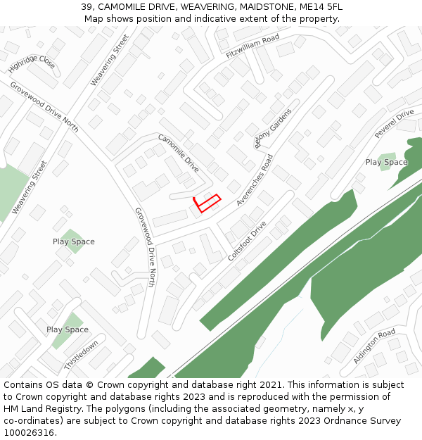 39, CAMOMILE DRIVE, WEAVERING, MAIDSTONE, ME14 5FL: Location map and indicative extent of plot