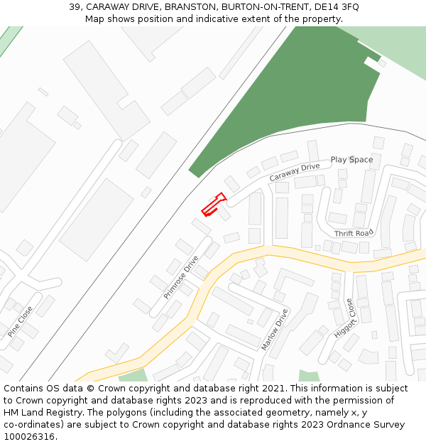 39, CARAWAY DRIVE, BRANSTON, BURTON-ON-TRENT, DE14 3FQ: Location map and indicative extent of plot