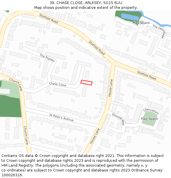 39, CHASE CLOSE, ARLESEY, SG15 6UU: Location map and indicative extent of plot