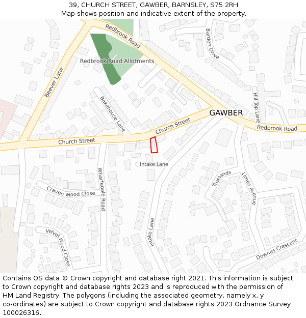 39, CHURCH STREET, GAWBER, BARNSLEY, S75 2RH: Location map and indicative extent of plot
