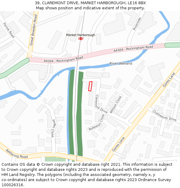 39, CLAREMONT DRIVE, MARKET HARBOROUGH, LE16 8BX: Location map and indicative extent of plot