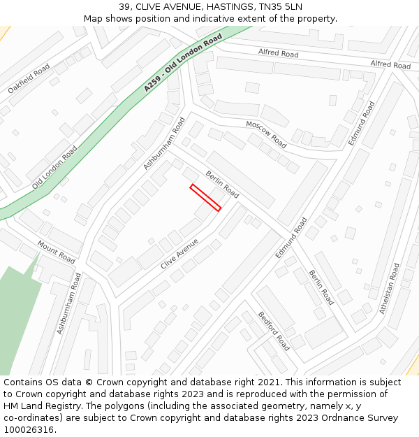 39, CLIVE AVENUE, HASTINGS, TN35 5LN: Location map and indicative extent of plot