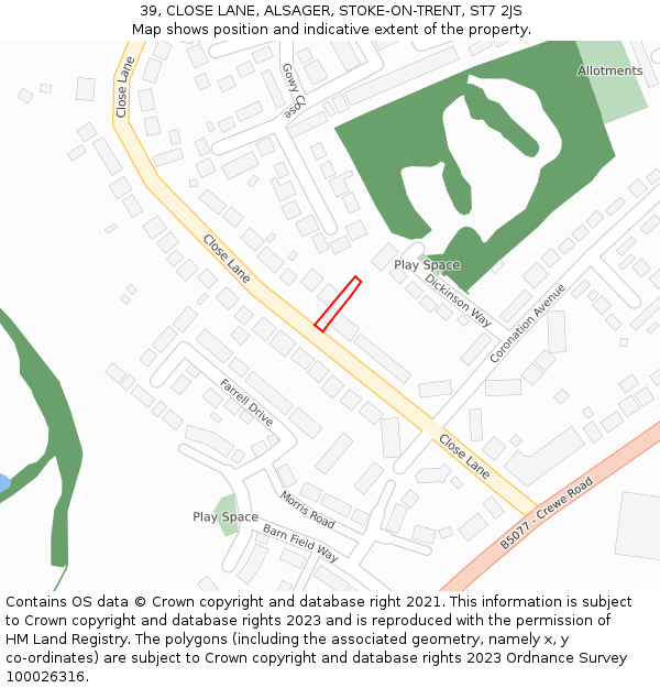 39, CLOSE LANE, ALSAGER, STOKE-ON-TRENT, ST7 2JS: Location map and indicative extent of plot