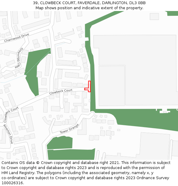 39, CLOWBECK COURT, FAVERDALE, DARLINGTON, DL3 0BB: Location map and indicative extent of plot