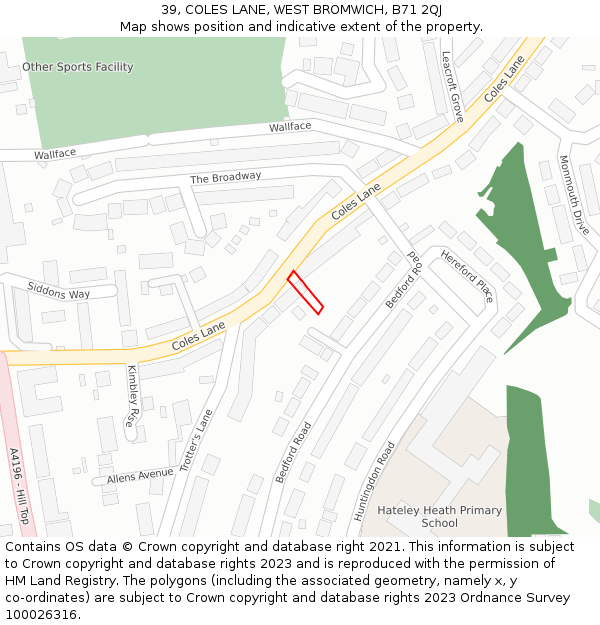 39, COLES LANE, WEST BROMWICH, B71 2QJ: Location map and indicative extent of plot