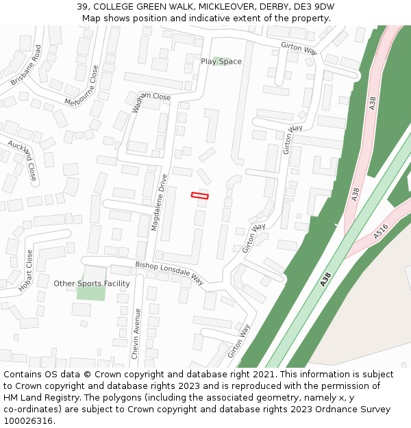 39, COLLEGE GREEN WALK, MICKLEOVER, DERBY, DE3 9DW: Location map and indicative extent of plot