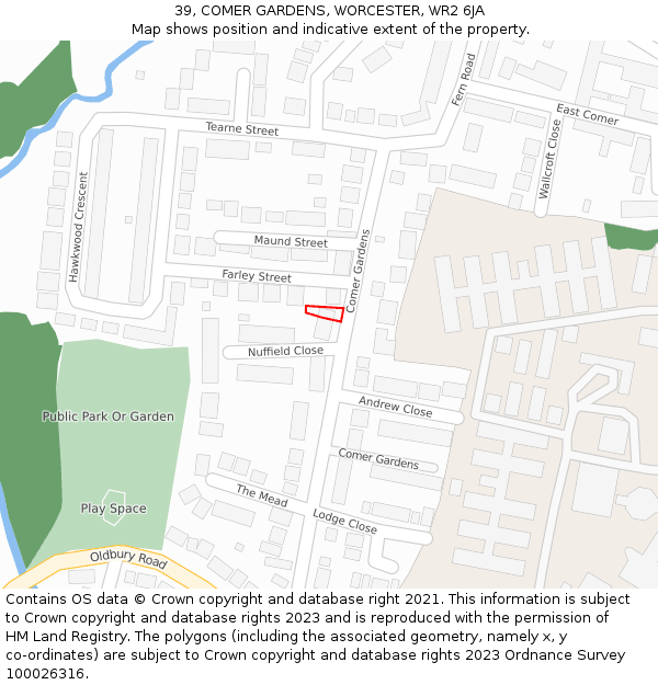 39, COMER GARDENS, WORCESTER, WR2 6JA: Location map and indicative extent of plot