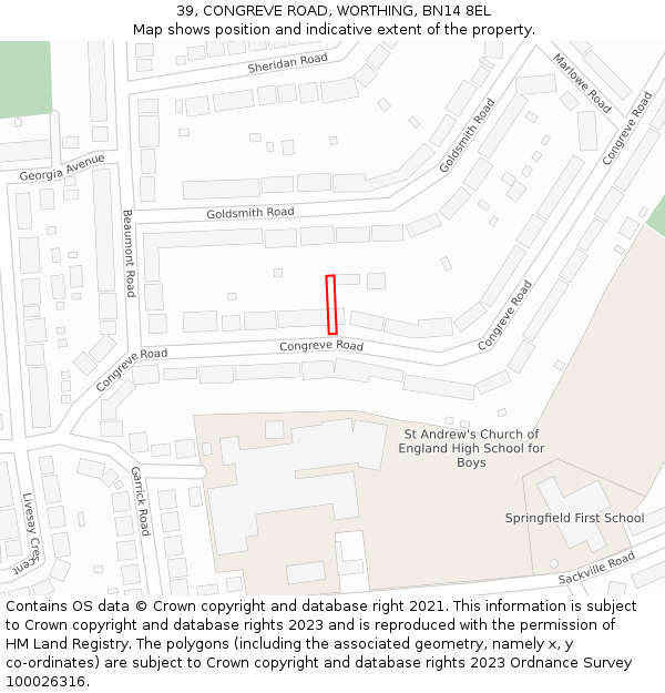 39, CONGREVE ROAD, WORTHING, BN14 8EL: Location map and indicative extent of plot