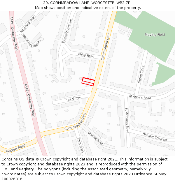 39, CORNMEADOW LANE, WORCESTER, WR3 7PL: Location map and indicative extent of plot