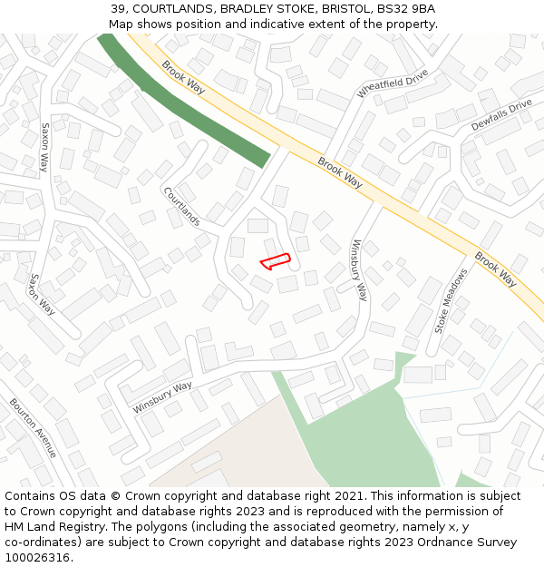 39, COURTLANDS, BRADLEY STOKE, BRISTOL, BS32 9BA: Location map and indicative extent of plot