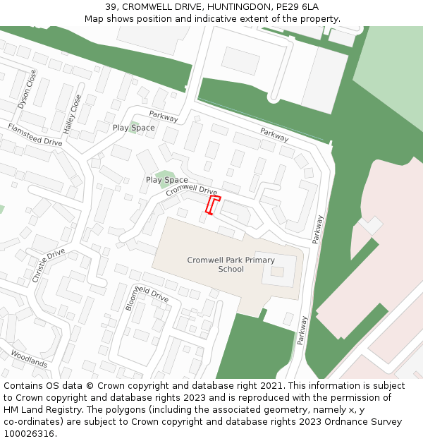 39, CROMWELL DRIVE, HUNTINGDON, PE29 6LA: Location map and indicative extent of plot
