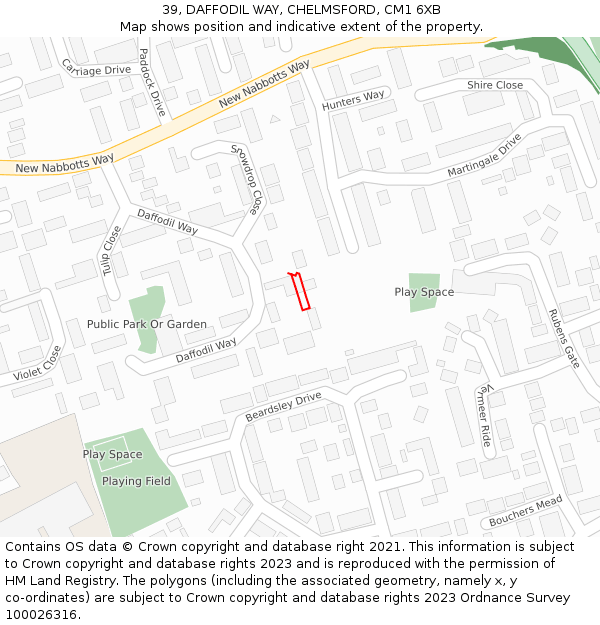 39, DAFFODIL WAY, CHELMSFORD, CM1 6XB: Location map and indicative extent of plot
