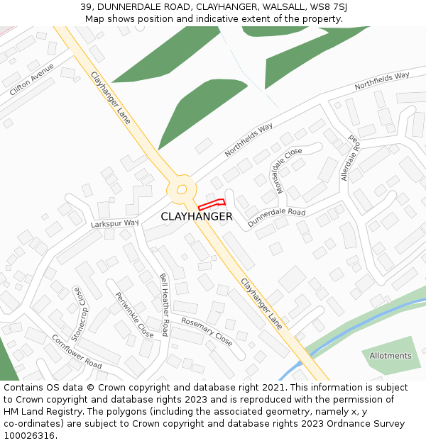 39, DUNNERDALE ROAD, CLAYHANGER, WALSALL, WS8 7SJ: Location map and indicative extent of plot