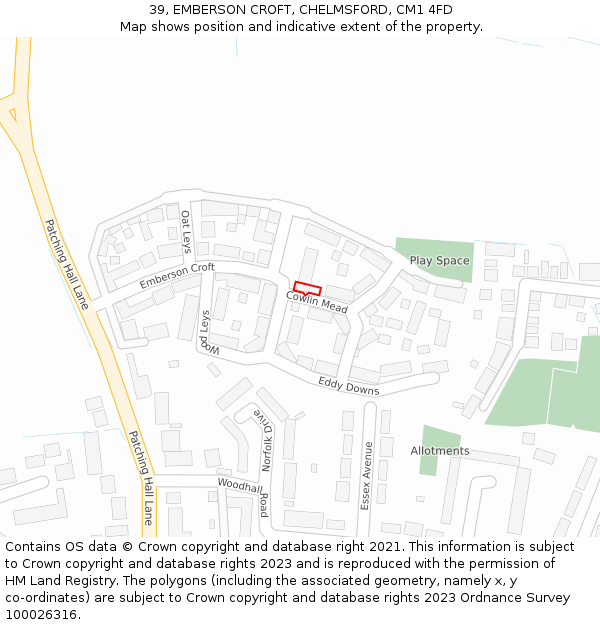39, EMBERSON CROFT, CHELMSFORD, CM1 4FD: Location map and indicative extent of plot