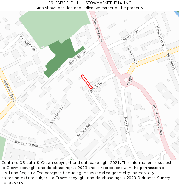 39, FAIRFIELD HILL, STOWMARKET, IP14 1NG: Location map and indicative extent of plot