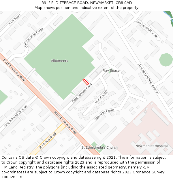 39, FIELD TERRACE ROAD, NEWMARKET, CB8 0AD: Location map and indicative extent of plot