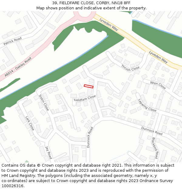 39, FIELDFARE CLOSE, CORBY, NN18 8FF: Location map and indicative extent of plot