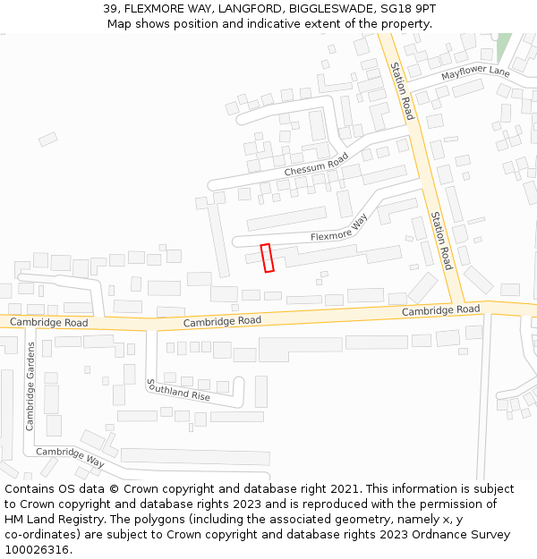 39, FLEXMORE WAY, LANGFORD, BIGGLESWADE, SG18 9PT: Location map and indicative extent of plot